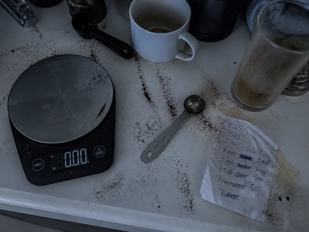 Cluttered kitchen counter top-down view, 4:3 aspect ratio. A messy scene conveying the hassle of sup