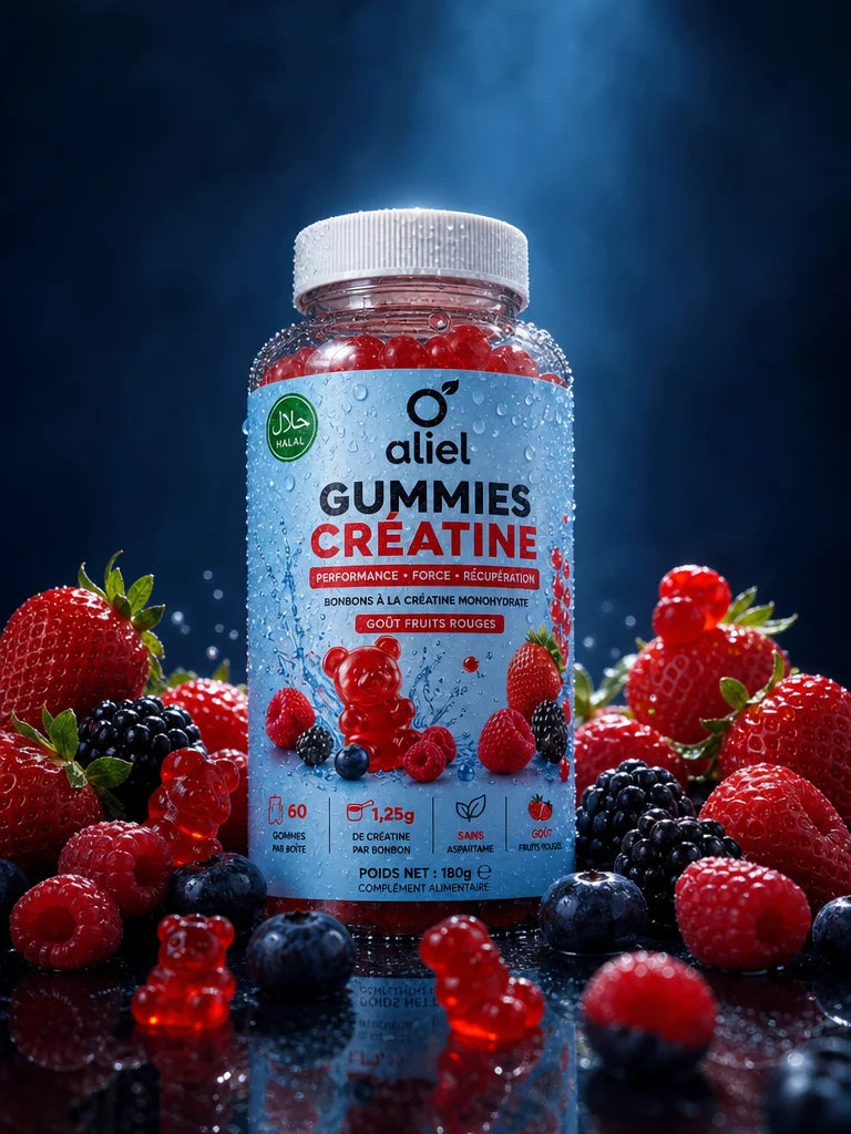 High-end commercial product photograph, 3:4 portrait format, cinematic. The aliel GUMMIES CRÉATINE b