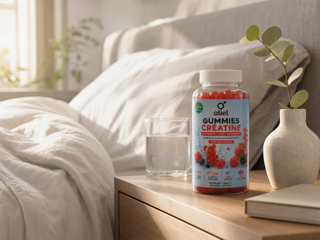Soft lifestyle product photograph, 4:3 aspect ratio. The aliel GUMMIES CRÉATINE bottle standing upri