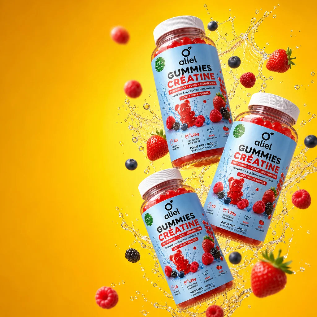 Square format 1:1, premium product photography. Three identical aliel GUMMIES CRÉATINE bottles, same
