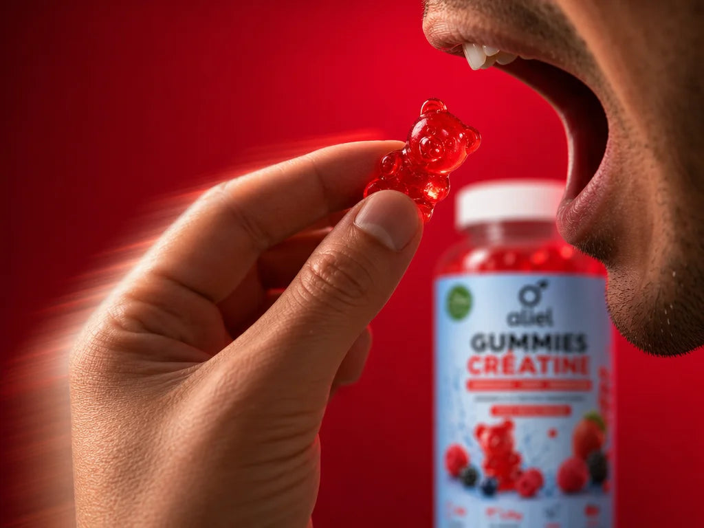 Close-up of a hand popping a red gummy bear into the mouth, the hand in focus, the mouth slightly vi