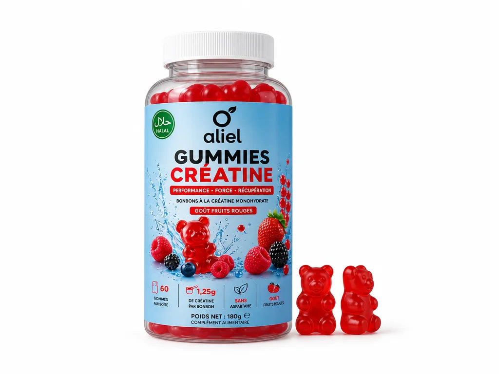 Minimal product photograph on a clean white background. The aliel GUMMIES CRÉATINE bottle stands alo