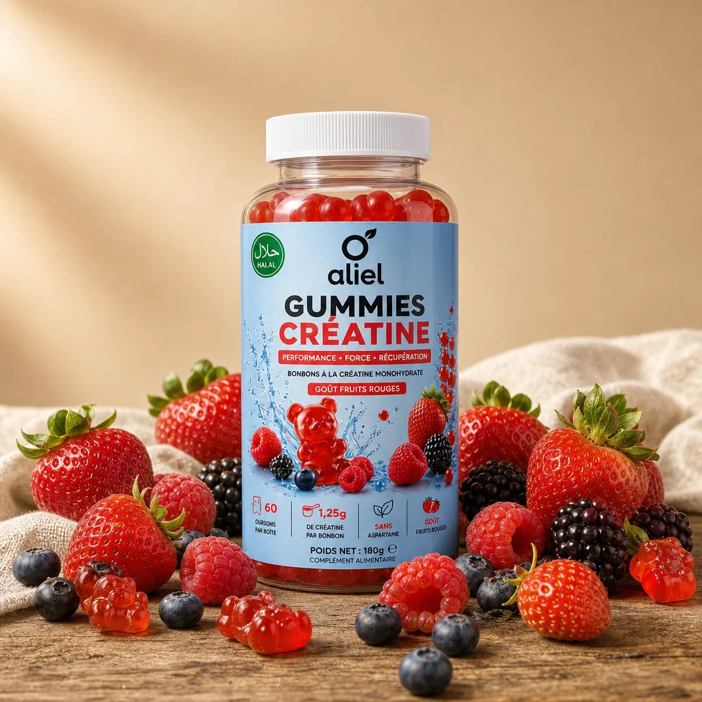 Square product photograph, inspired by ingredient editorial. The aliel GUMMIES CRÉATINE bottle place