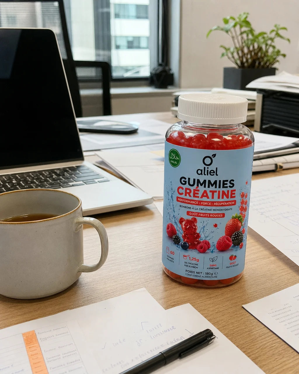 Casual smartphone photograph of the aliel GUMMIES CRÉATINE bottle placed on an office desk next to a
