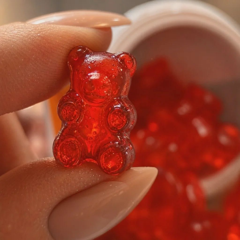 Extreme close-up macro photograph of a single red gummy bear from aliel GUMMIES CRÉATINE, held betwe