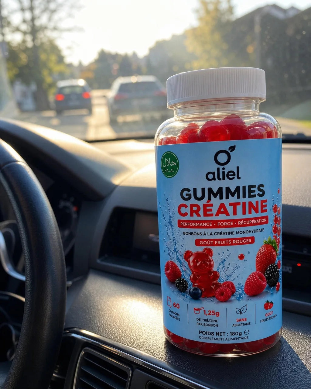 Casual smartphone photograph of the aliel GUMMIES CRÉATINE bottle placed on the dashboard of a car,