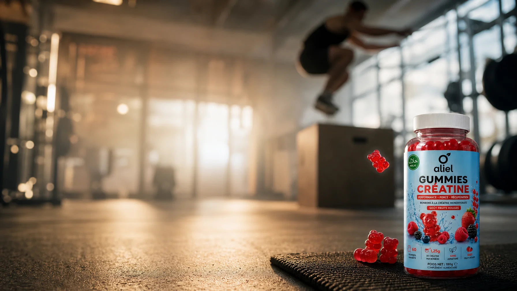 Wide 16:9 lifestyle banner photograph, dynamic and energetic. In the background, an out-of-focus ath