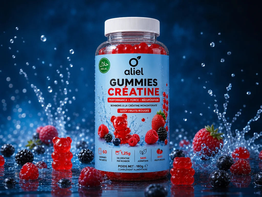Product photograph, 4:3 landscape, same cinematic setting as previous: the aliel bottle centered but