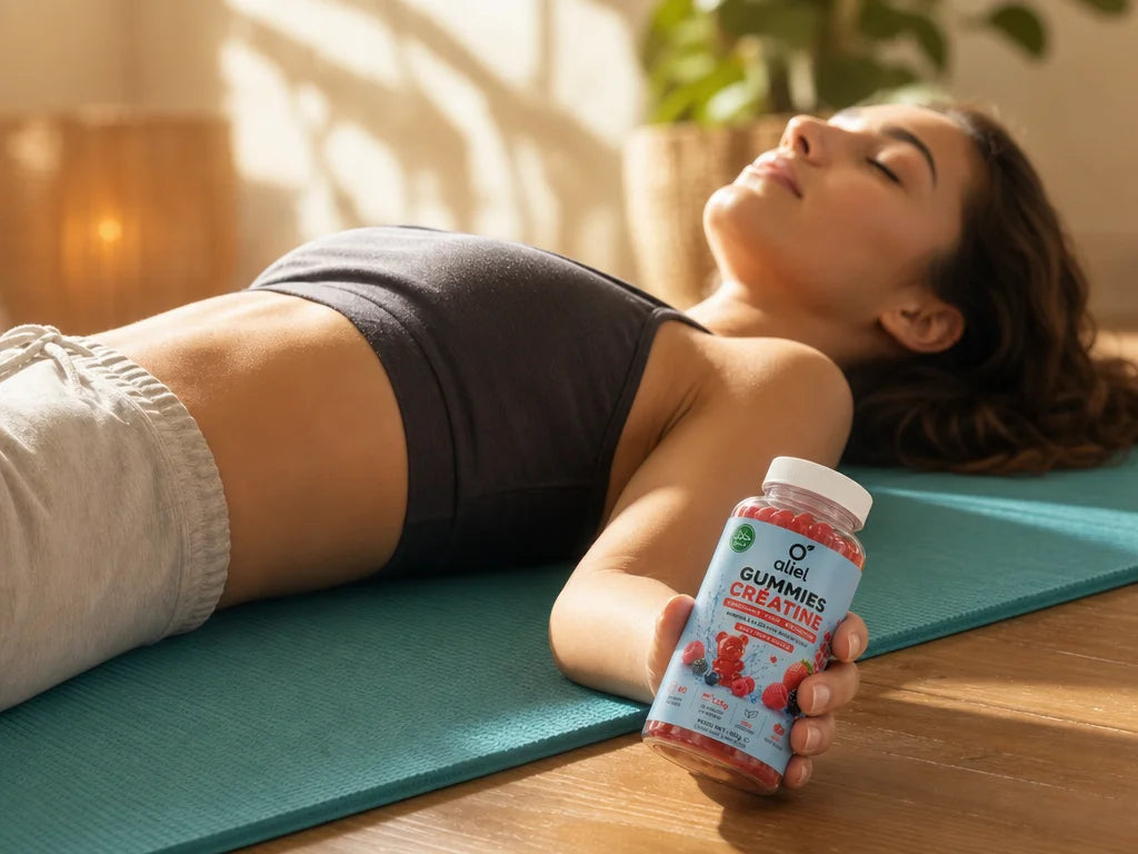 Soft-focus photograph of a person lying on a yoga mat in a sunlit room, eyes closed, holding the ali