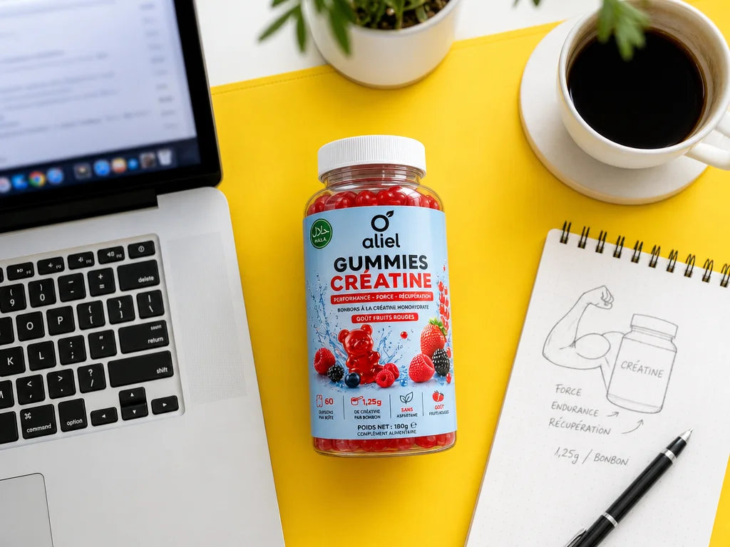 Top-down product photograph, 4:3 aspect ratio. The aliel GUMMIES CRÉATINE bottle placed on a clean w