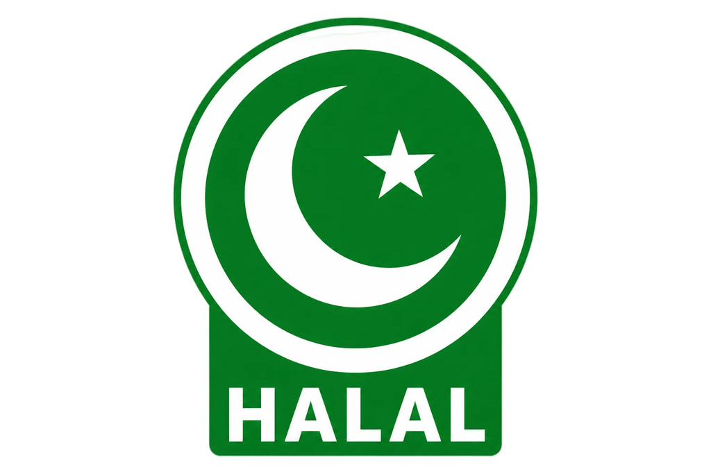 Official HALAL certification logo: a solid green (#008000) circle with a white crescent moon and fiv